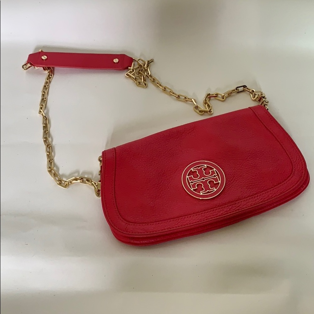 Red leather and gold handle, Tory Burch clutch